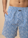Men 100% Combed Cotton Blue Woven Printed Boxer Long Shorts WB51