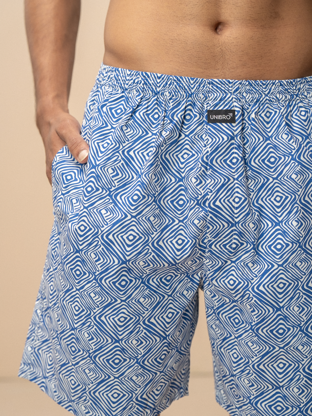 Men 100% Combed Cotton Blue Woven Printed Boxer Long Shorts WB51