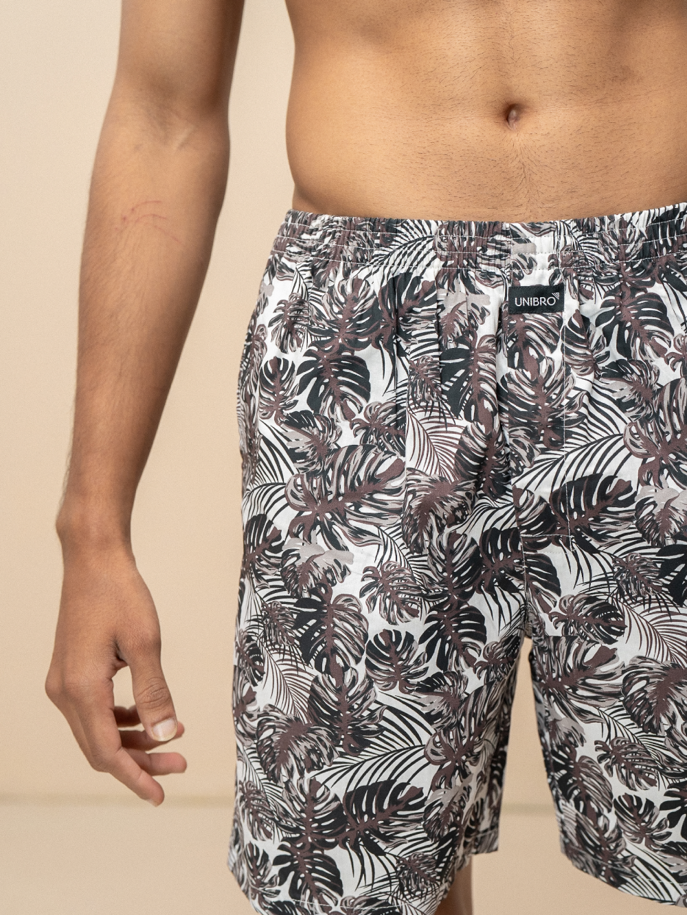 Men 100% Combed Cotton Brown Woven Printed Boxer Long Shorts WB53